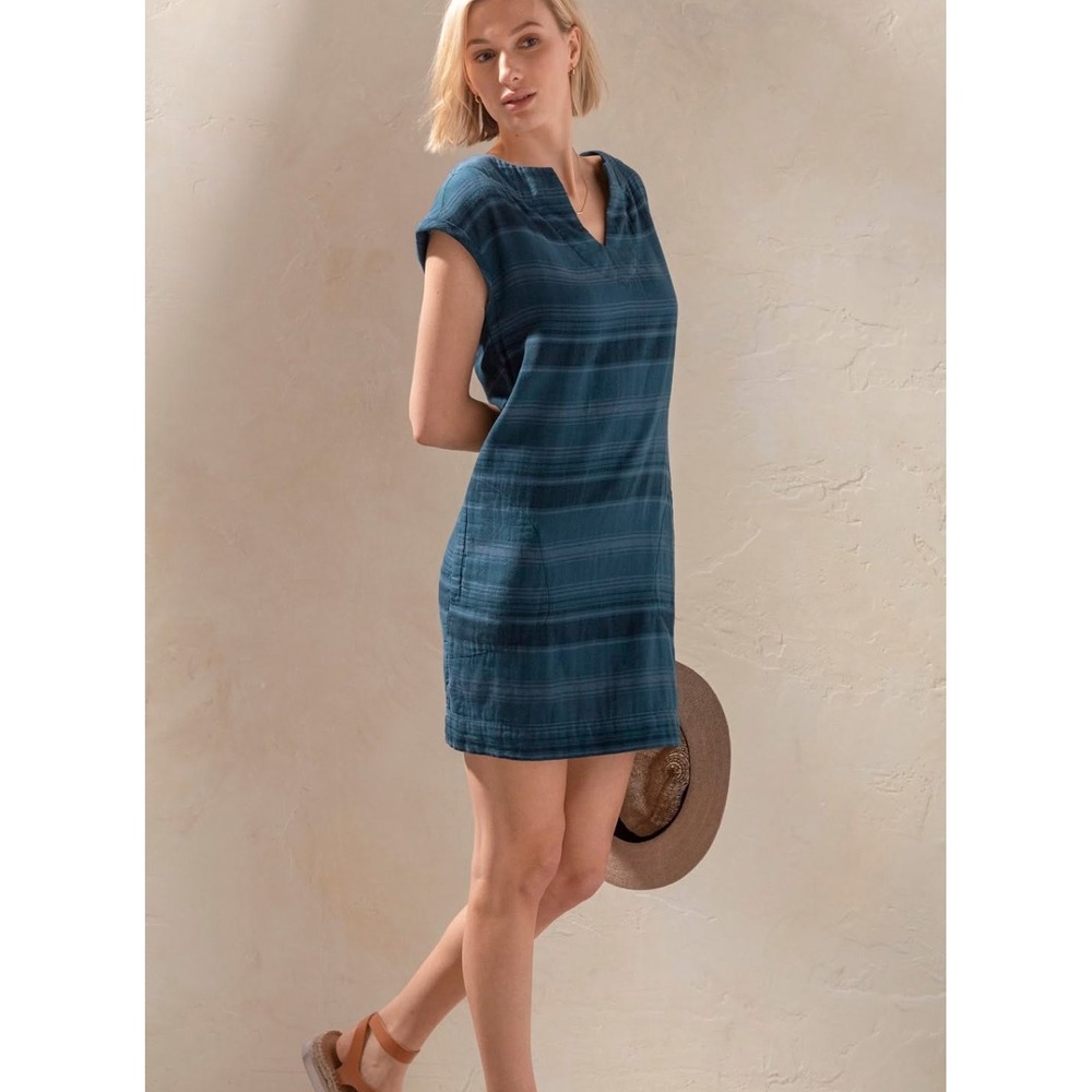 Prana M Kai Shift Dress 100% Organic Cotton Teal Navy Striped Cap Sleeve Mini